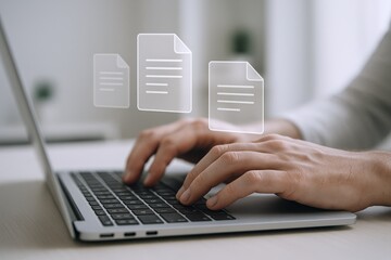 Document Management: Hands Typing on Laptop with Digital Files, Business Efficiency and Workflow Automation