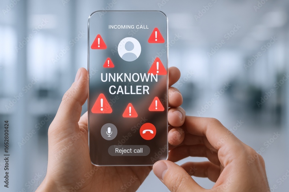 Poster unknown caller alert on a modern smartphone with a warning sign interface screen display