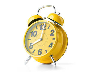 Plakat Bright yellow retro alarm clock with twin bells on transparent background. Classic style showing 8:00. Great for time-related designs and wake-up concepts in PNG format.