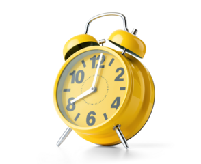 Bright yellow retro alarm clock with twin bells on transparent background. Classic style showing 8:00. Great for time-related designs and wake-up concepts in PNG format.