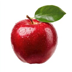 Single, red apple with a leaf