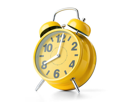Bright yellow retro alarm clock with twin bells on transparent background. Classic style showing 8:00. Great for time-related designs and wake-up concepts in PNG format.