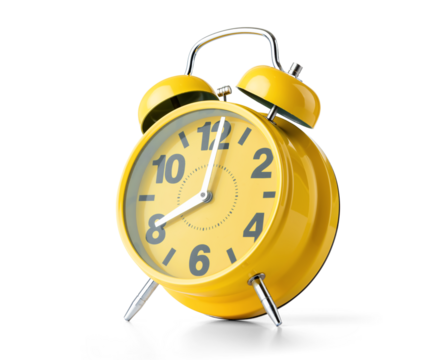 Bright yellow retro alarm clock with twin bells on transparent background. Classic style showing 8:00. Great for time-related designs and wake-up concepts in PNG format.