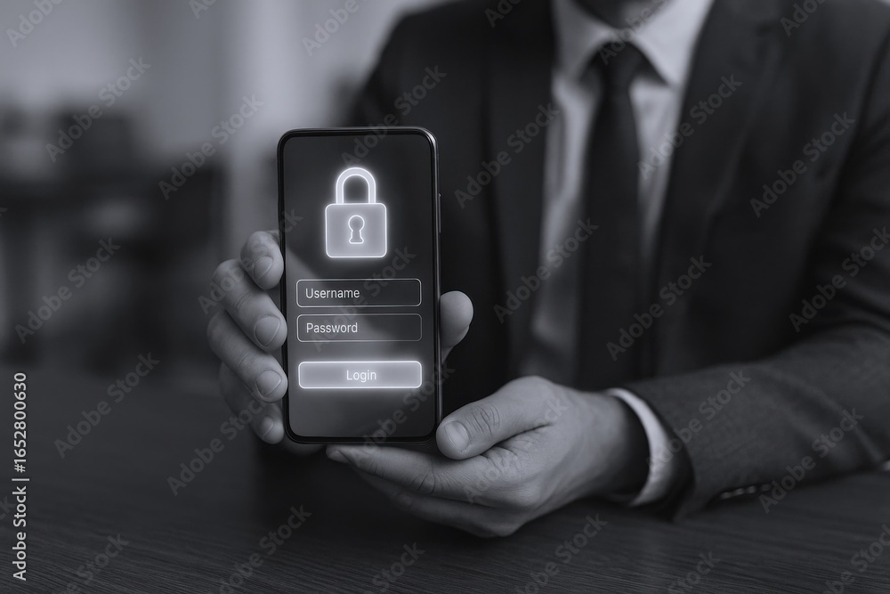 Poster man in suit holding smartphone displaying login screen with lock icon in black and white