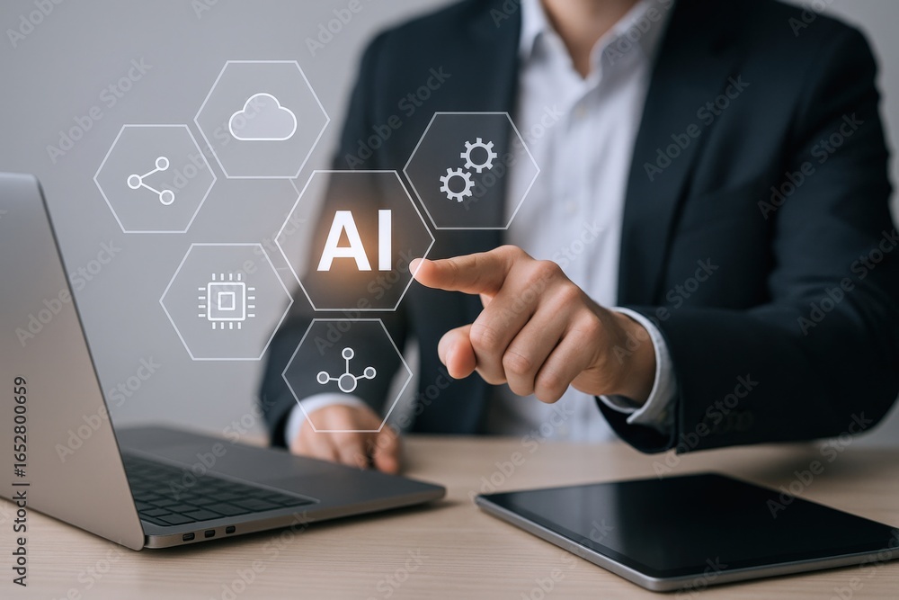 Poster artificial intelligence innovation: a businessman taps into ai technology interface for future busin