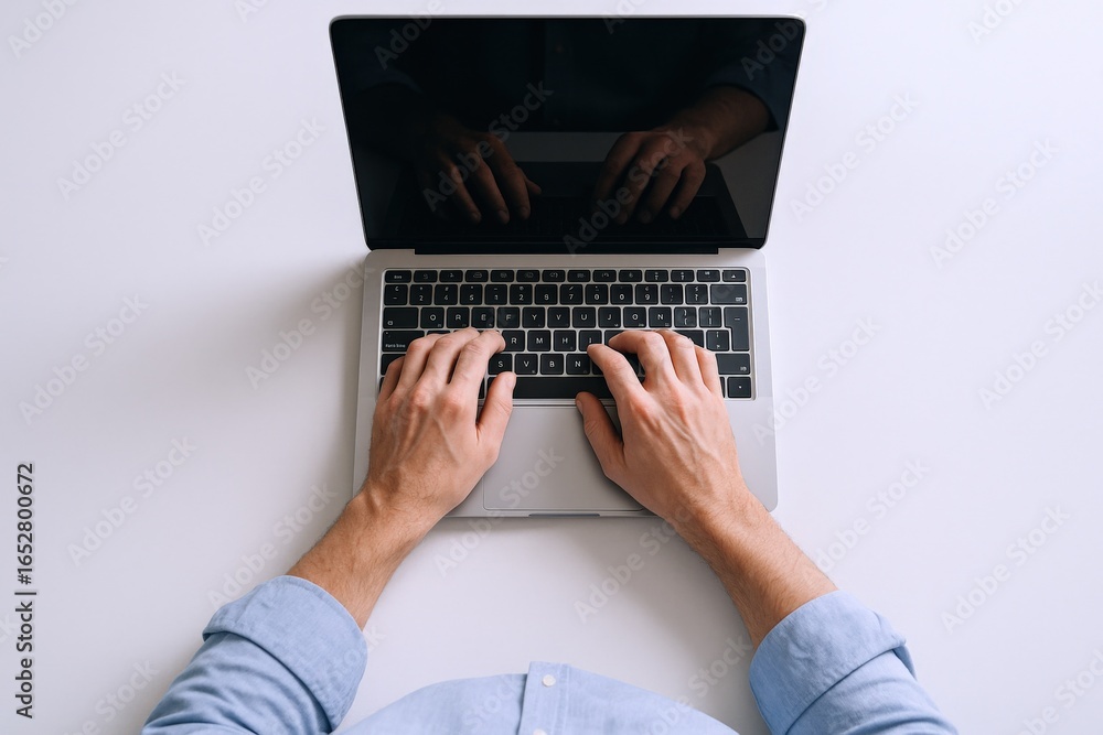 Poster hands typing on laptop keyboard - overhead view of remote work and technology