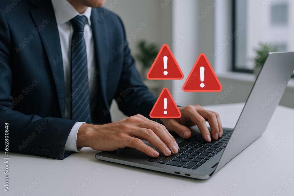Poster businessman experiencing computer errors while working in the office, highlighting technology issues