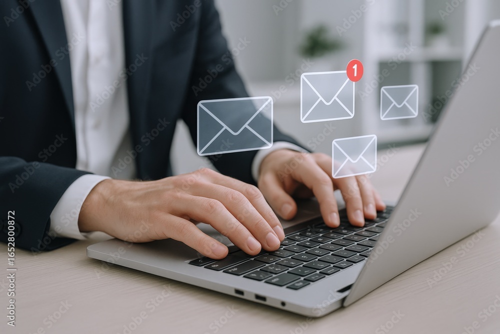 Poster professional using laptop with email notification. businessman managing inbox. communication and dig