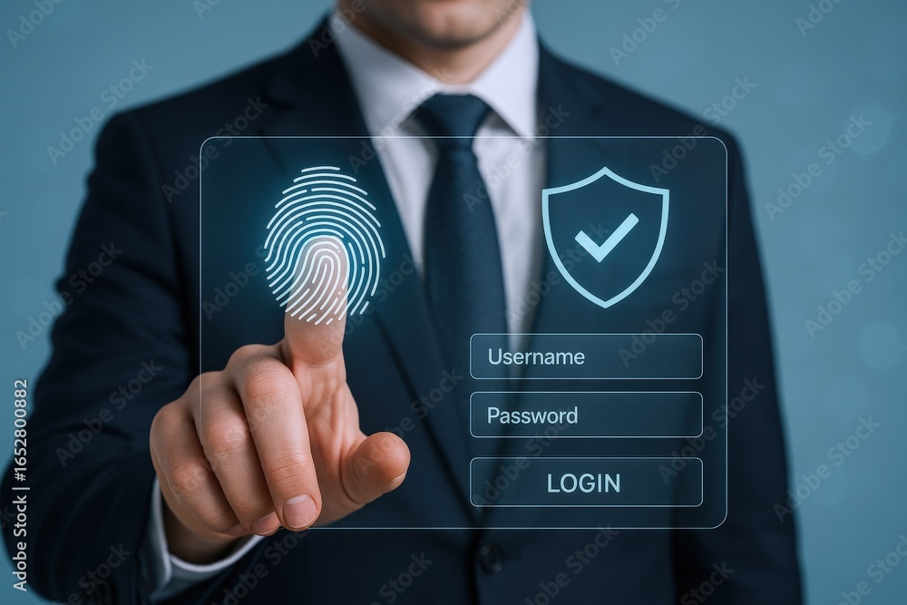 Poster biometric security system concept: man activating fingerprint scan on digital interface for secure a