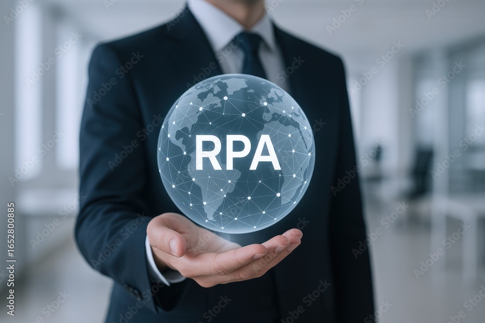 Poster robotic process automation concept: businessman holding digital globe displaying rpa for business ef