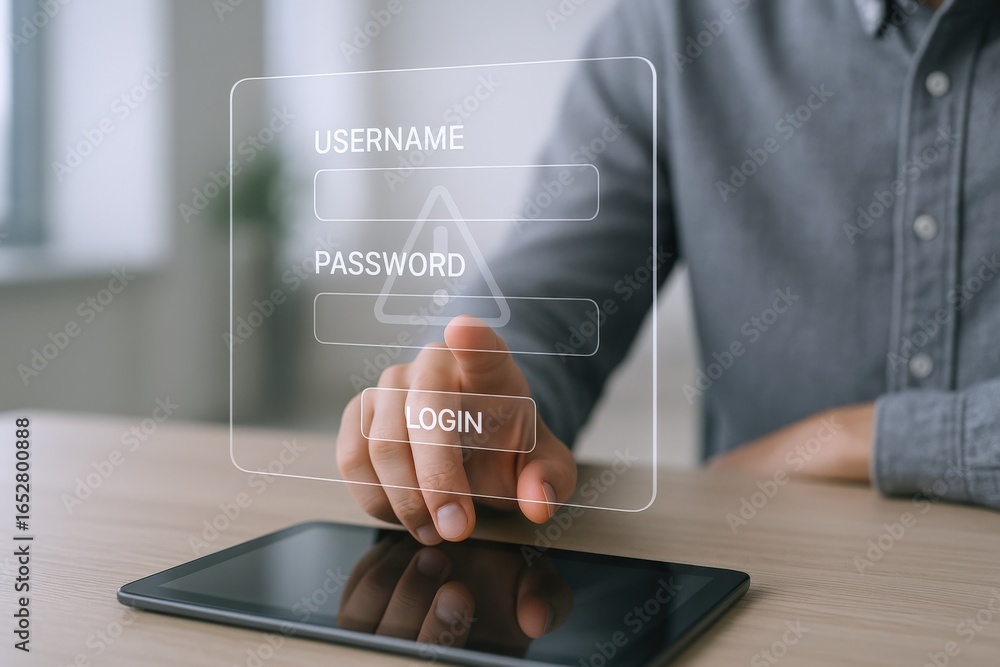 Aufkleber login interface over tablet with warning sign: security alert and system access