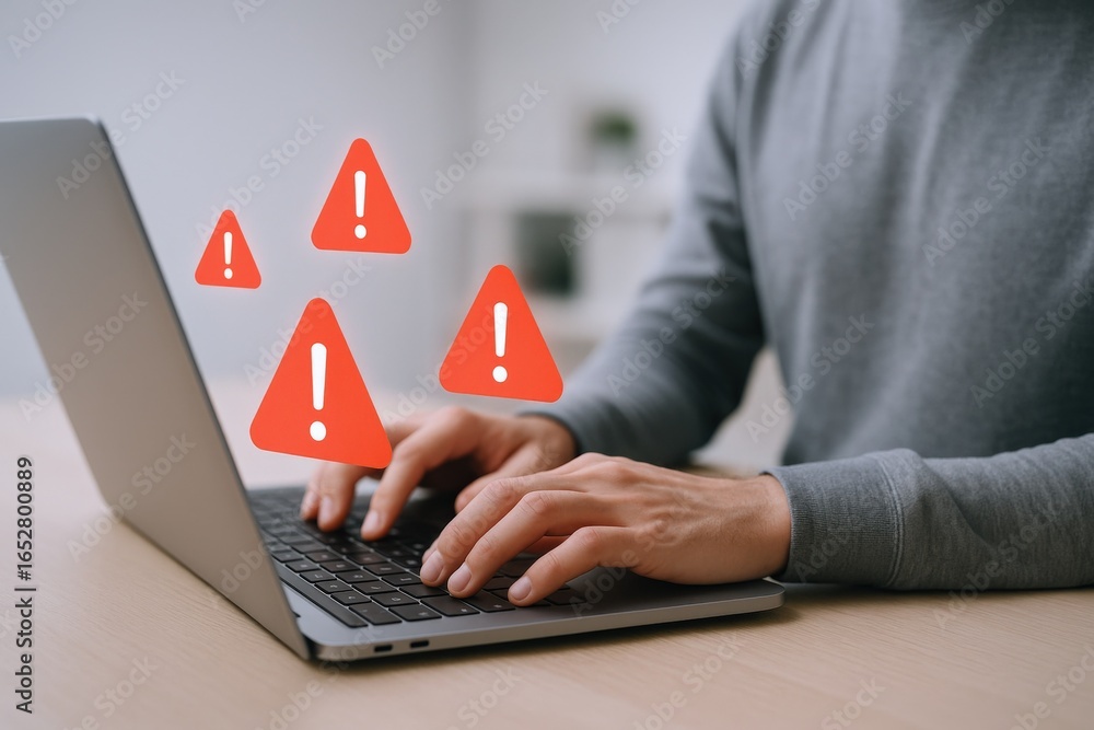 Poster man typing on laptop with error message overlay, showcasing computer issues and potential cybersecur