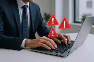 Businessman experiencing computer errors while working in the office, highlighting technology issues and workplace challenges