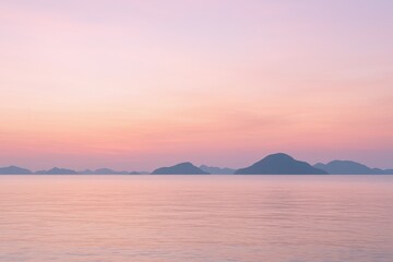 Fototapeta premium Serene Ocean at Dusk with Islands, Pastel Sky reflecting in the Calm Waters, a Peaceful Seascape