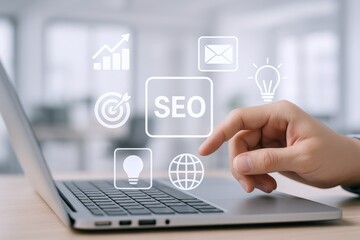 SEO Optimization Strategy Concept: Hand Touching Icon on Laptop for Digital Marketing Success