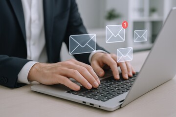 Professional using Laptop with Email Notification. Businessman managing inbox. Communication and Digital Marketing Concepts