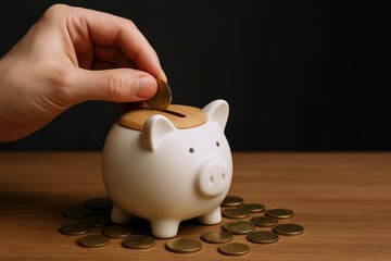 Piggy Bank Savings: Hand Depositing Coin into Piggy Bank for Financial Security and Investment