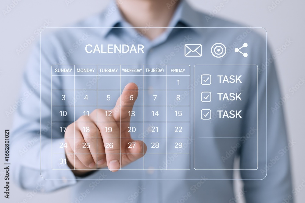 Poster man using virtual calendar for planning and scheduling important appointments and tasks in business 