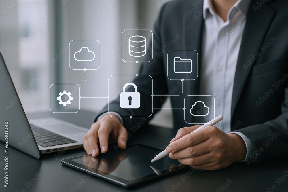 Poster cybersecurity specialist working on data protection and encryption with digital tablet in office env