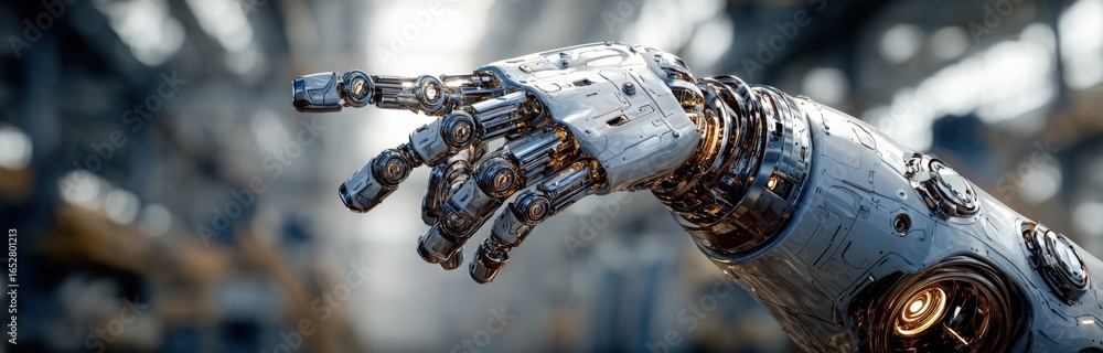 Poster advanced robotics: close-up of a futuristic robotic arm pointing with precision in a high-tech indus