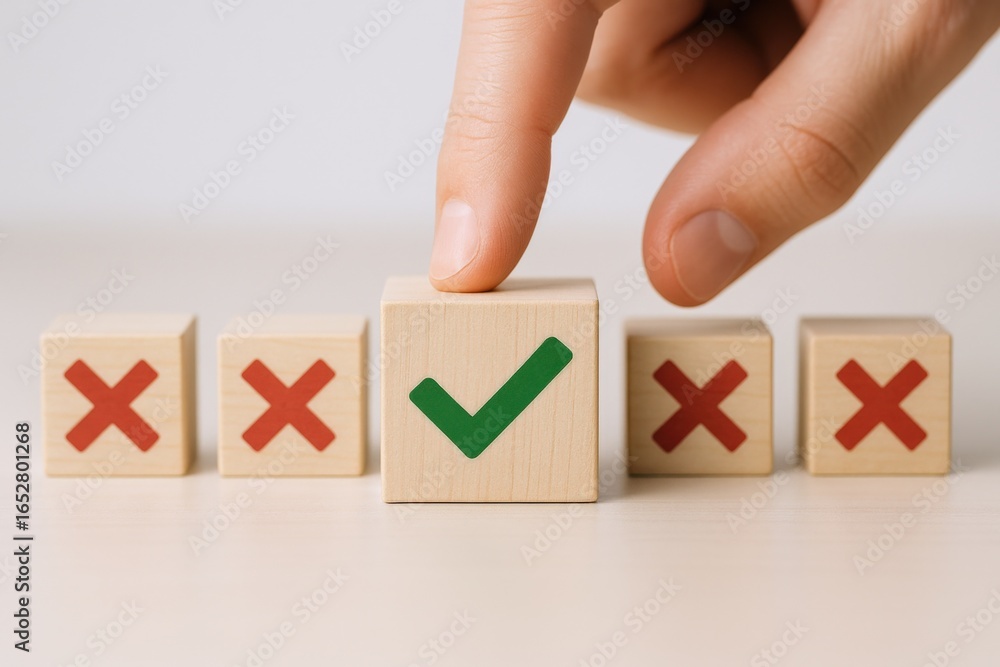 Poster selection process: hand choosing a wooden block with a check mark among cross marks