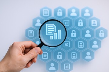 Data Analysis and Security Audit: Hand Holding Magnifying Glass Over Business Report and Privacy Icons