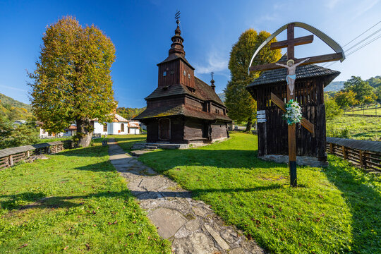 Wooden church of Saint Michael the Archangel standing in Rusky Potok, Slovakia