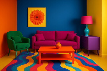 latest home trends. A vibrant living room featuring colorful furniture, bold wall colors, and playful decor, creating a lively and inviting atmosphere.