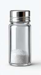 Clear glass salt shaker with a silver lid, filled with white crystalline powder