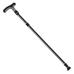 A black and white illustration of a walking cane, a mobility aid for seniors, isolated on white background
