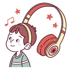 Boy with headphones listening to music vector illustration isolated on white background, enjoying sound and entertainment with wireless technology