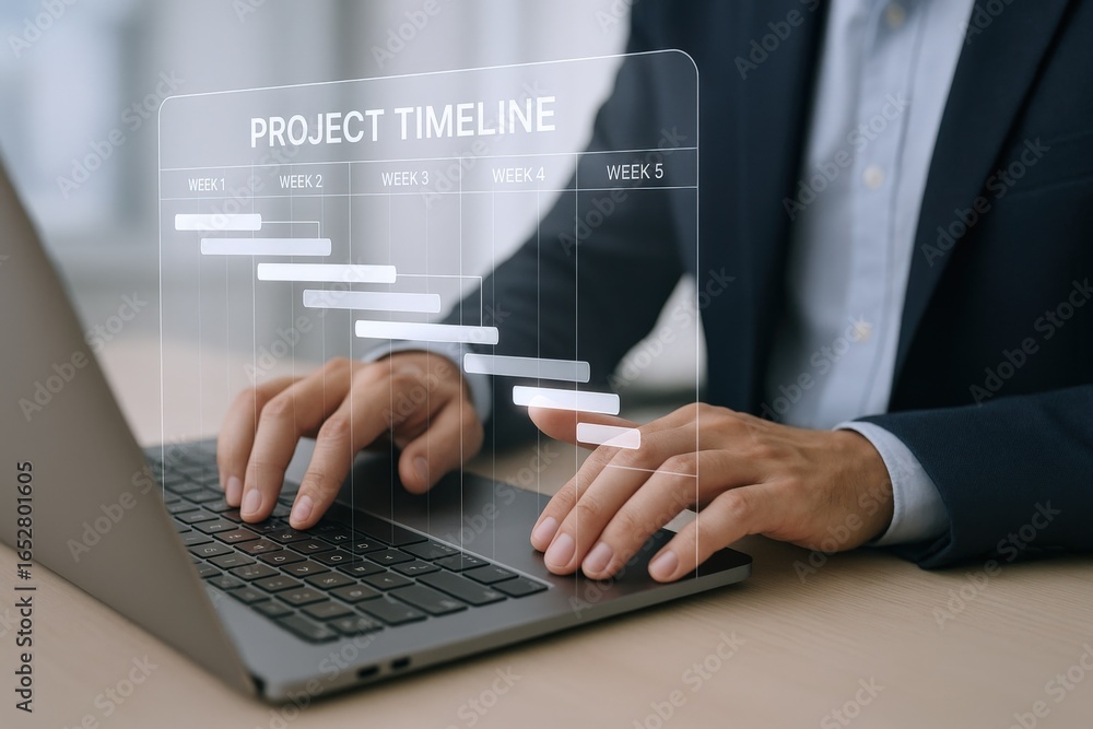Aufkleber project management timeline visualization: businessman working on laptop with virtual schedule overl