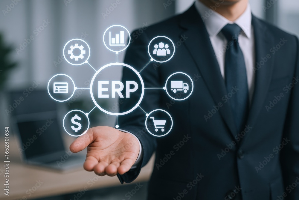 Poster erp system integration: businessman presenting enterprise resource planning solutions and technology