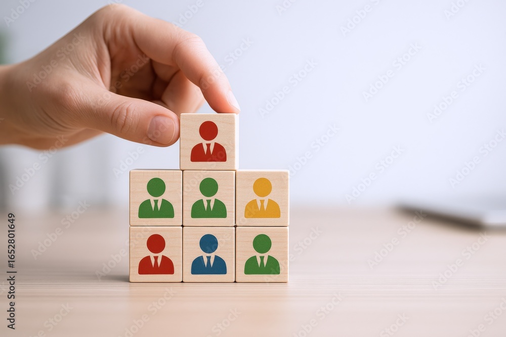 Poster building a team hierarchy with wooden blocks: concept of leadership and organizational structure