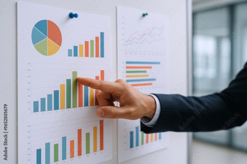 Poster business presentation: hand pointing to financial charts and graphs on a whiteboard analyzing data