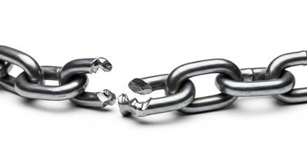 Obraz premium A single, dramatically broken metal chain link against a pristine white background, powerfully symbolizing vulnerability, weakness, disruption, and the critical point of failure.