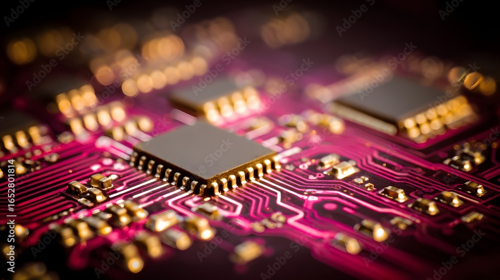 Poster close-up view of intricate circuit board components, showcasing the intricate network of conductive 