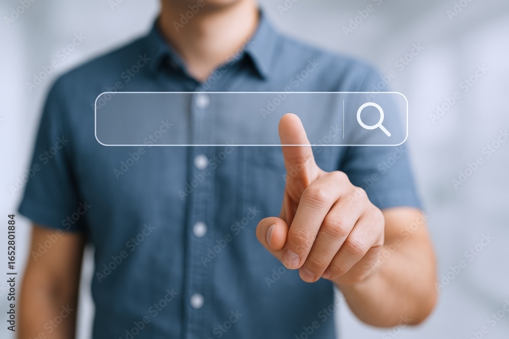 Poster man interacting with search bar interface: digital technology, online search concept, and virtual in