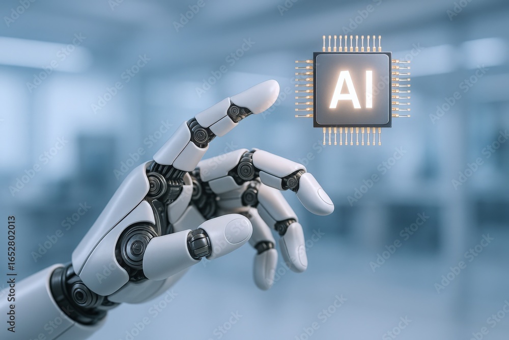 Poster robotic hand interacting with ai chip technology representing future innovation and machine learning