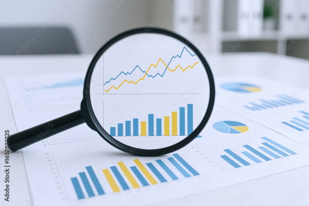 Poster data analysis with magnifying glass: examining business performance charts and financial reports for