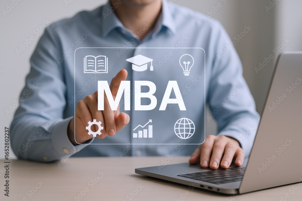 Poster mba program concept: businessman touching virtual screen representing master of business administrat