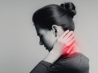 Fototapeta premium Young Woman Experiencing Neck Pain and Muscle Tension, Seeking Relief and Healthcare Solutions