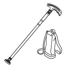 Walking cane and bag isolated on white background, a mobility aid for elderly or disabled, providing support, balance, and safety during travel