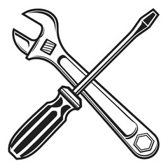 Wrench and screwdriver crossed isolated on white background, representing repair, construction, and maintenance work with industrial equipment