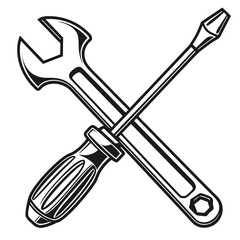 Wrench and screwdriver crossed isolated on white background, symbolizing repair, construction, and maintenance work with industrial equipment