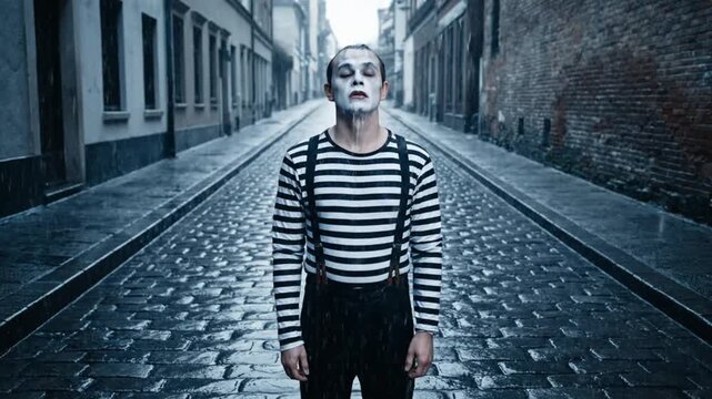 sad mime standing alone on wet cobblestone street in rain