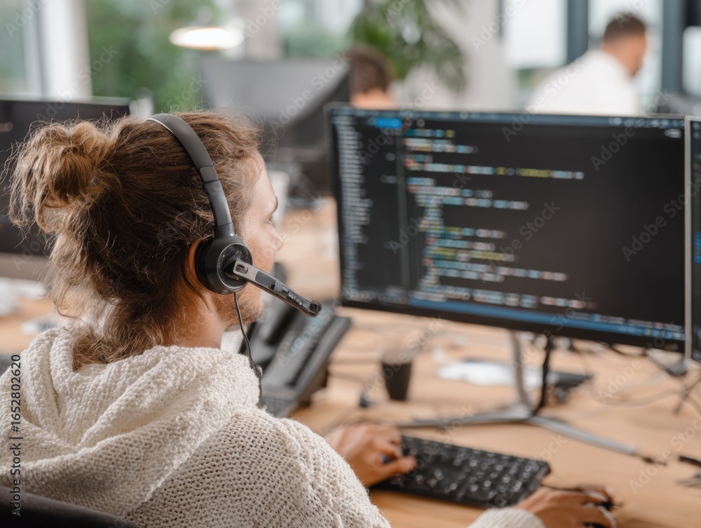 Poster software engineer coding at desk with headset in modern office environment for business solutions