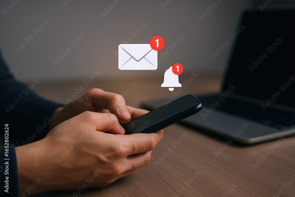 Poster person checking notifications on smartphone with email and bell icons floating above device