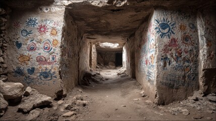 Exploring an ancient cave filled with vibrant historical paintings and symbols