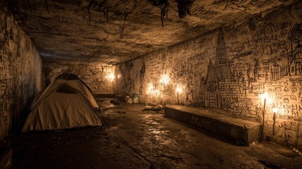 A mysterious underground campsite illuminated by flickering candles and art